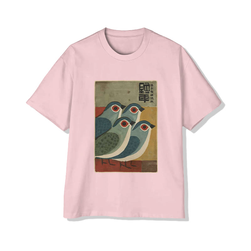 Unisex Vintage Bird Pattern Art Print Short Sleeved Crew Neck T-shirt - Pink - 2XL - image 5