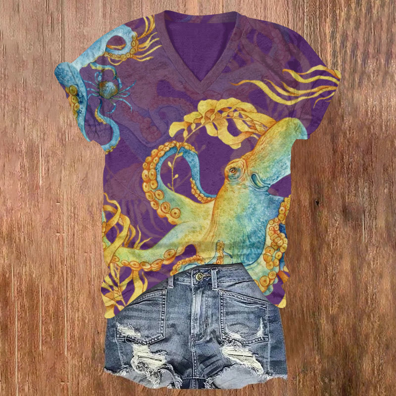 Watercolor Octopus And Crab Pattern Print Short Sleeved V-neck T-shirt - Purple - US32-34(5XL) - image 3