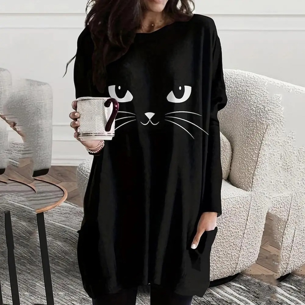 Cat Face Graphic Loose Fit Tunic 