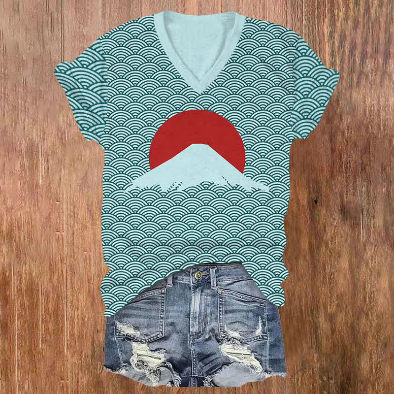  Japanese Sunrise Of Mount Fuji Art Print V-neck T-shirt - Green - US32-34(5XL) - image 7