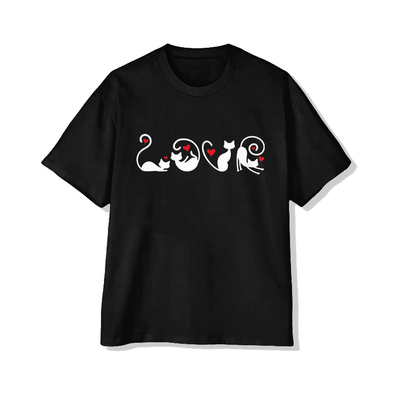 Unisex LOVE Heart-shape Cats Print Short Sleeved Crew Neck T-shirt - Black - 2XL - image 3