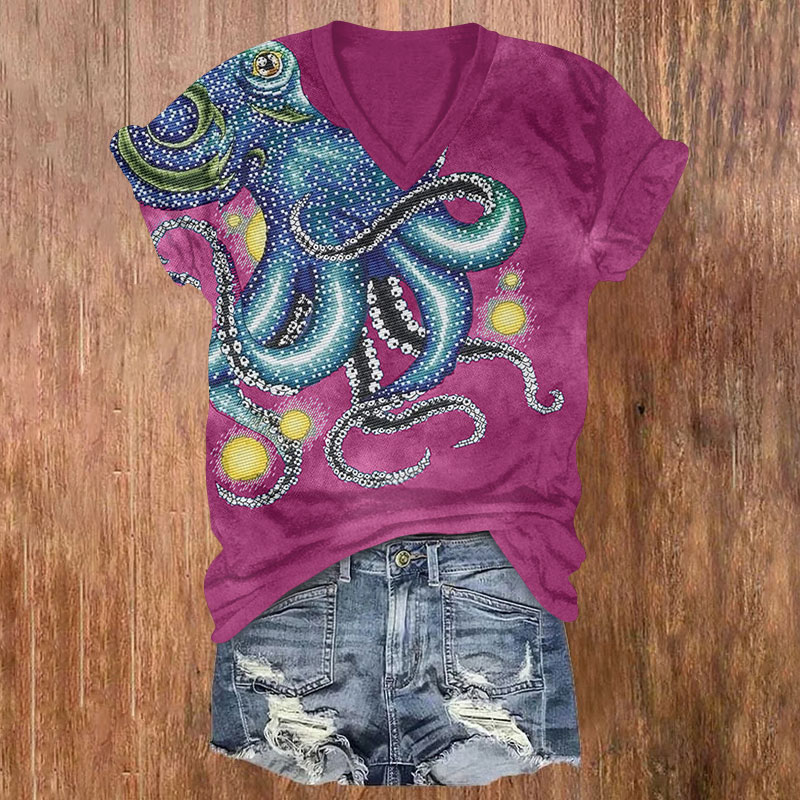 Vintage Shimmering Octopus Pattern Print V-neck T-shirt - Purple - US32-34(5XL) - image 3