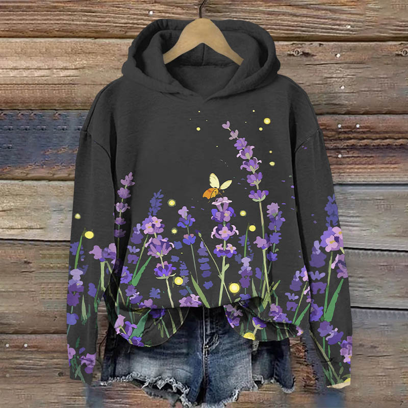 Vintage Watercolor Wild Lavender Print Long Sleeve Hoodie - Black - US44-46(8XL) - image 4