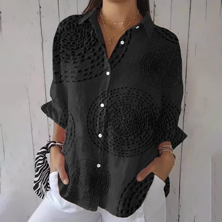 Minimalist Stitched Circle Print Half-sleeve Button-Down Shirt - Black - US 26 (6XL) - image 6