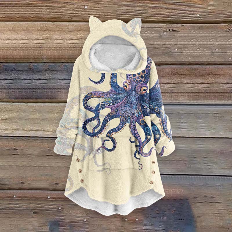 Women's Unique Exquisite Octopus Pattern Pocket Cute Cat Ear Fuzzy Fleece Hoodie - Apricot - 6XL - image 5