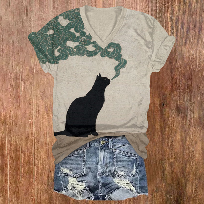 Japanese Funny Black Cat Print Short Sleeved V-neck T-shirt - Khaki - US32-34(5XL) - image 1