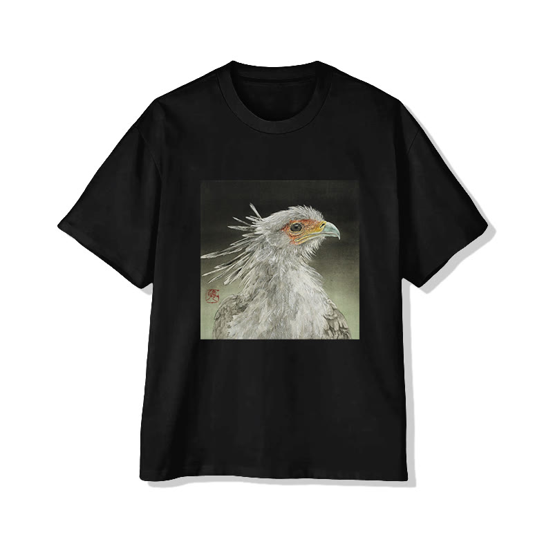 Unisex Secretary Bird Portrait Art Print Short Sleeved Crew Neck T-Shirt - Black - 2XL - image 4