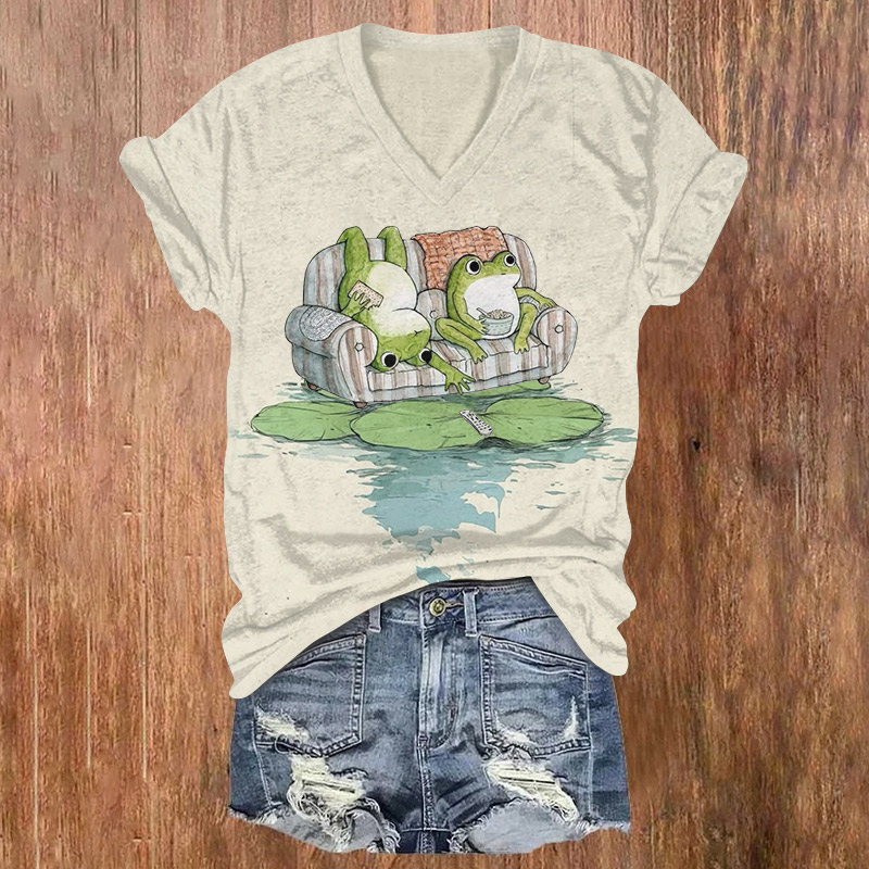 Two Amusingly Lazy Frogs On A Sofa Printed Short Sleeved V-neck T-shirt - Light Gray - US32-34(5XL) - image 1
