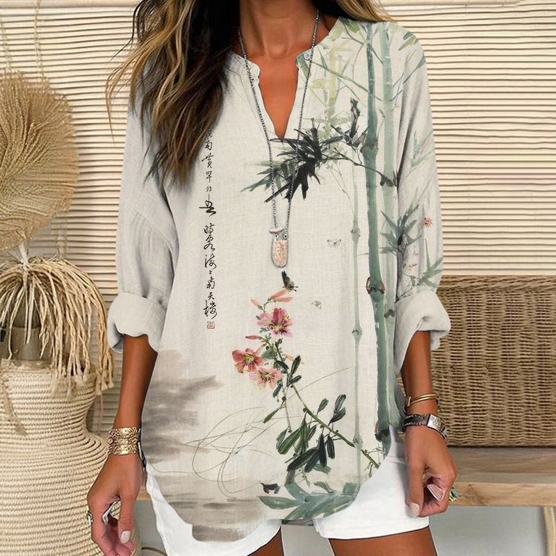 Retro Bamboo Oleander Art Print V Neck Long Sleeve Blouse - Apricot - 8XL - image 1