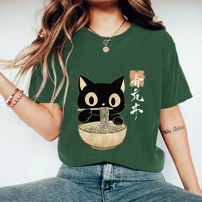 100% Cotton 	 Vintage Japanese Cute Cat Eating Ramen Art Print T-shirt - Dark Green - US16-18(2XL) - image 5