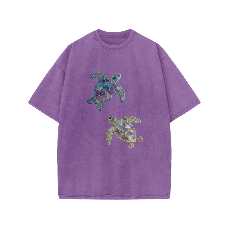 Creative Gemstone Sea Turtle Print Acid Washed T-shirt - Purple - US20-22(3XL) - image 9