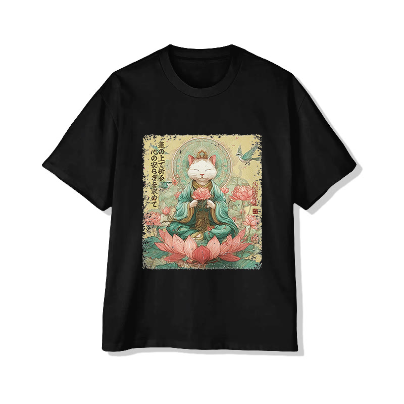 Unisex Japanese Love & Peace Lotus White Cat Print Short Sleeved Crew Neck T-shirt - Black - 2XL - image 3