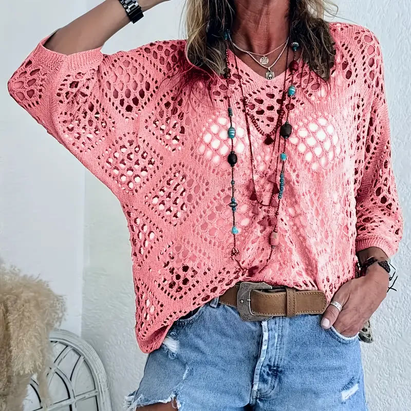 Beach Diamond Cutout Batwing Sleeve V-Neck Cover-up T-Shirt - Pink - 5XL - image 10