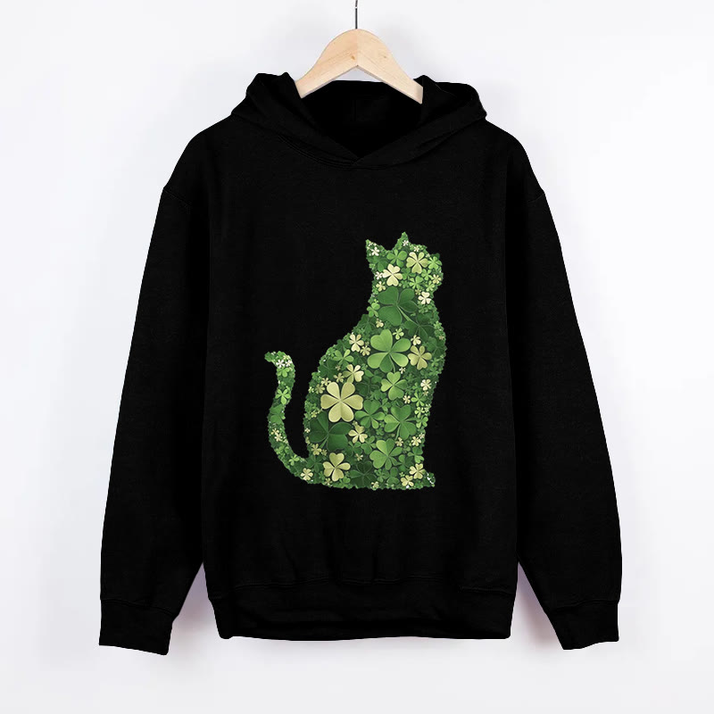 Unisex St. Patrick's Day Lucky Cat Art Print Long Sleeved Hoodie - Black - US44-46(8XL) - image 3