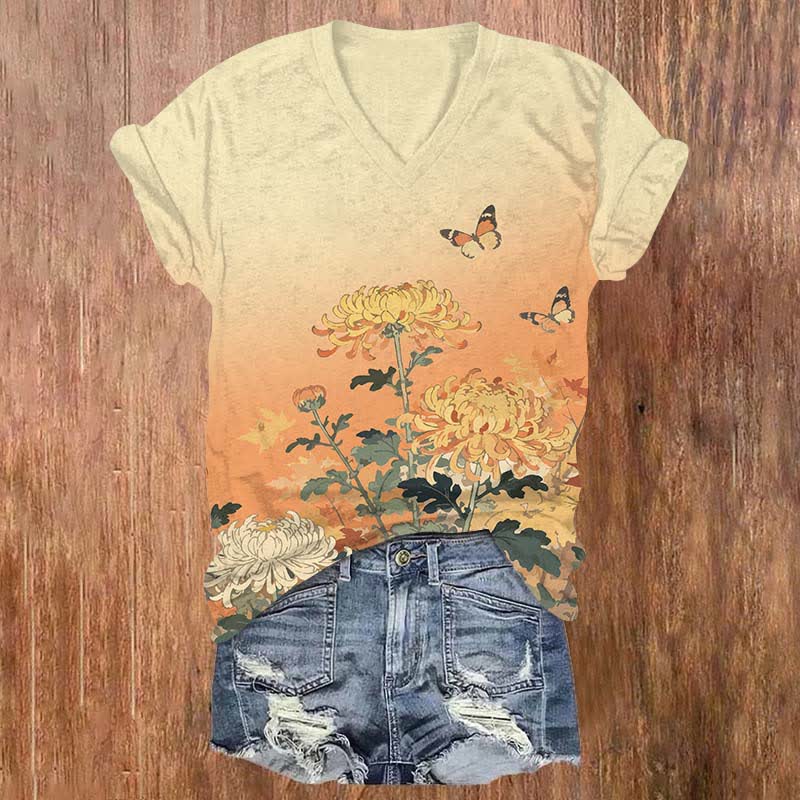 Japanese Lovely Chrysanthemum & Butterfly Art Print V-neck T-shirt - Yellow - US32-34(5XL) - image 5