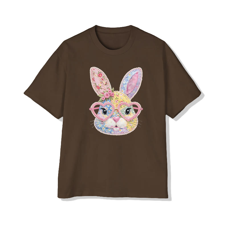 Easter Glasses Bunny Garden Flowers Print Pattern Cotton Print T-shirt - Coffee - US16-18(2XL) - image 4