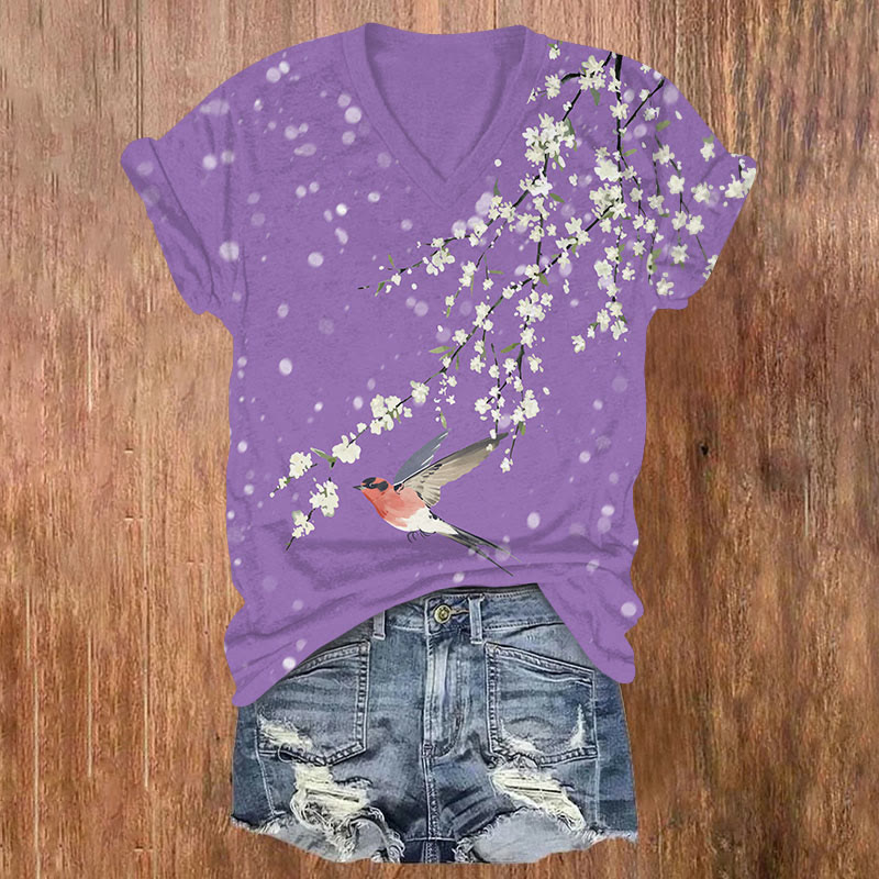 Japanese Snowy Pear Blossom Swallow Print V-neck T-shirt - Purple - US32-34(5XL) - image 3
