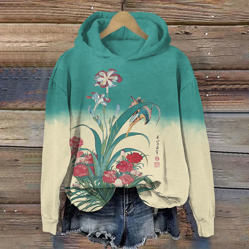 Colorblock Floral With Bird Print Long Sleeve Hoodie - Green - US44-46(8XL) - image 3