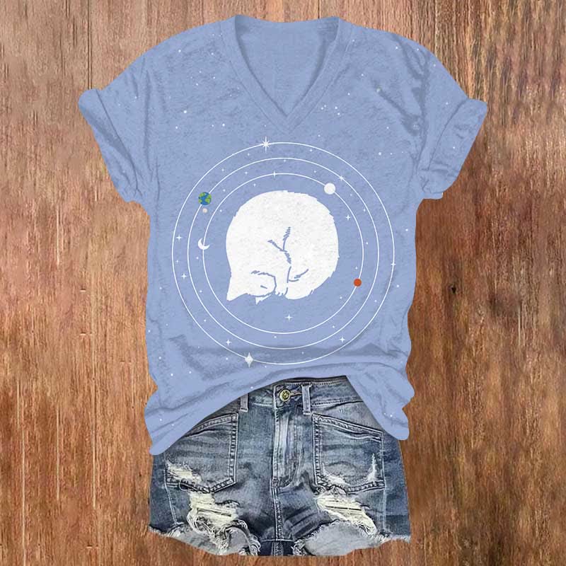 Vintage Planet Sleeping Cat Print V-neck T-shirt - Light Blue - US32-34(5XL) - image 4