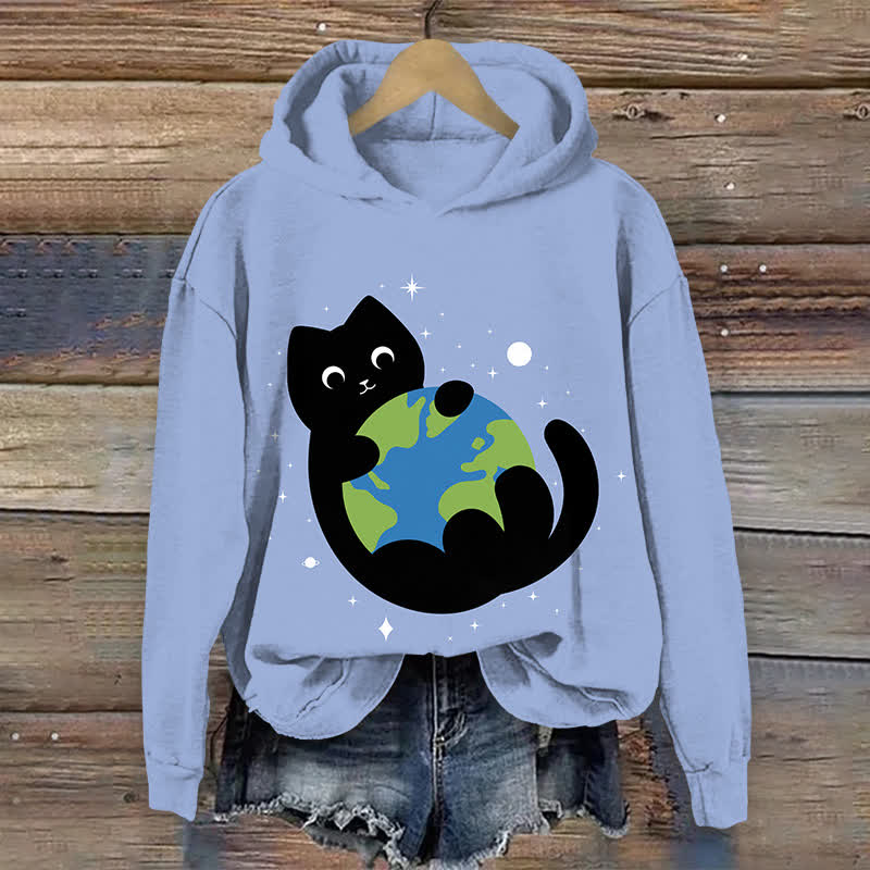Japanese Lovely Black Cat Holding The Earth Art Print Long Sleeve Hoodie - Light Blue - US44-46(8XL) - image 5