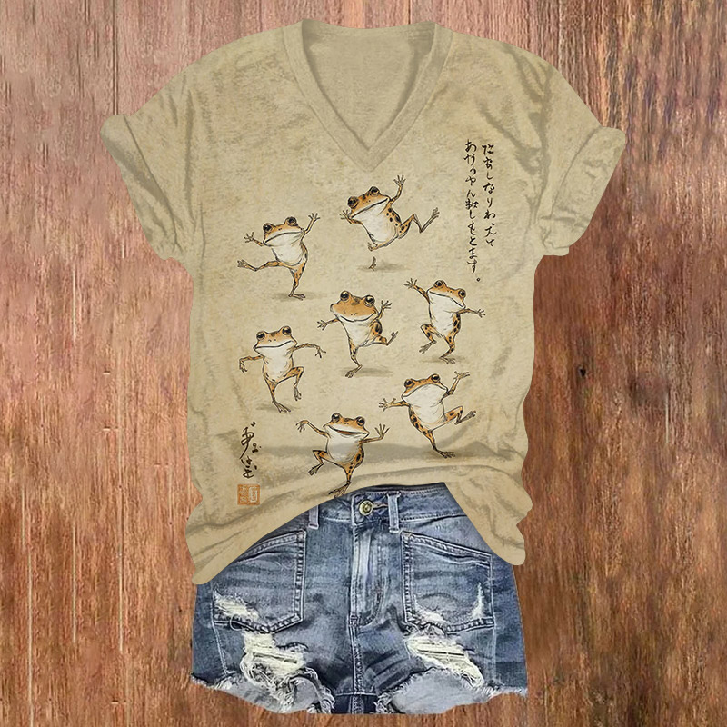 Japanese Funny Dancing Frogs Print Short Sleeved V-neck T-shirt - Khaki - US32-34(5XL) - image 1