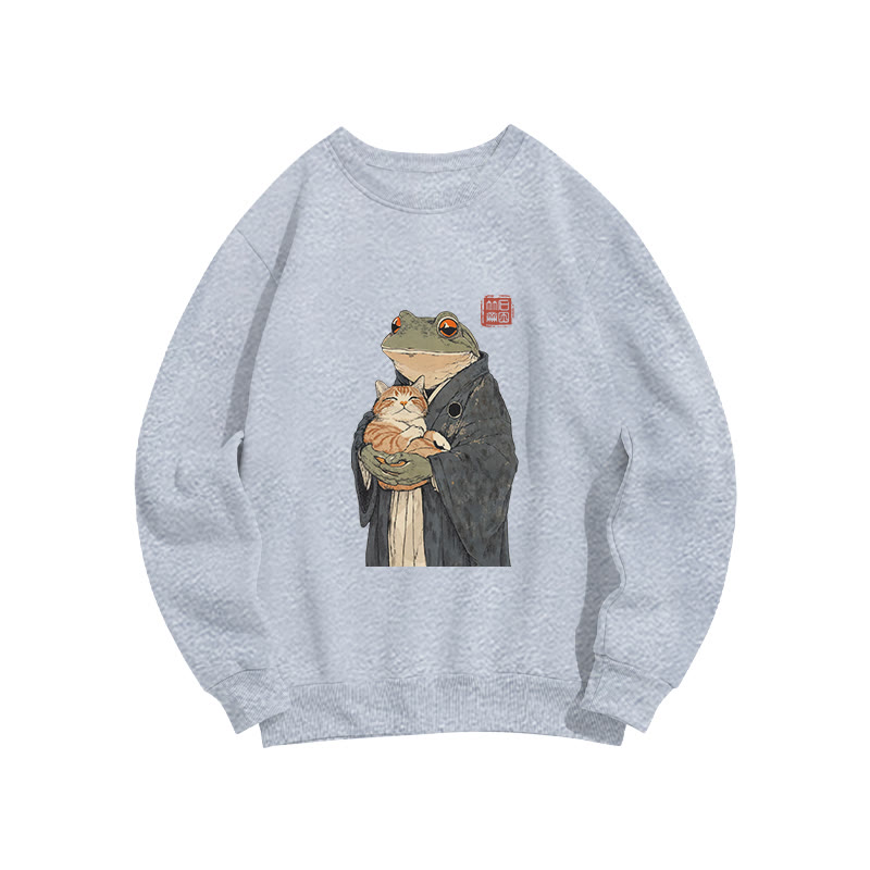 Unisex A Frog Holding A Cat  Print Long Sleeve Crew Neck Sweatshirt - Grey - US16-18(2XL) - image 3