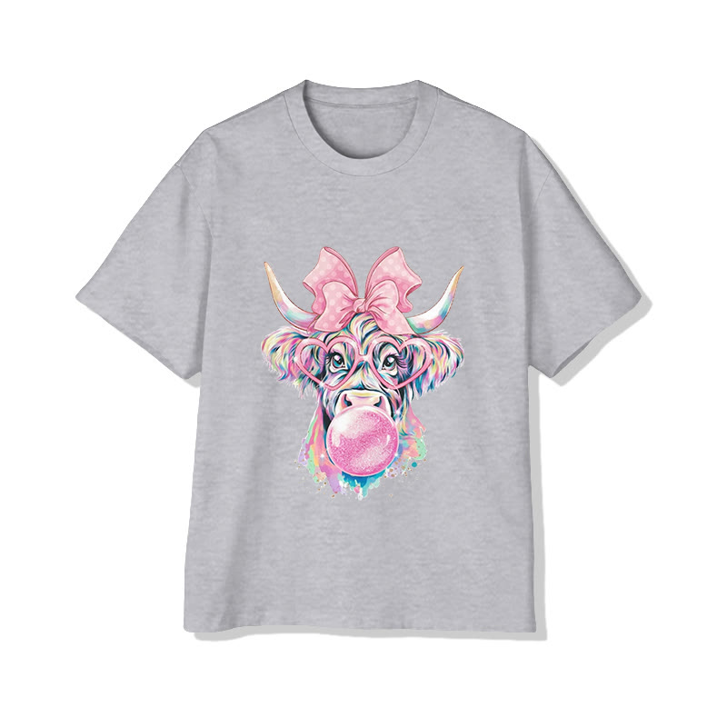 Unisex Funny Cow Blowing Gum Bubbles Print Short Sleeved Crew Neck T-shirt - Grey - 2XL - image 4