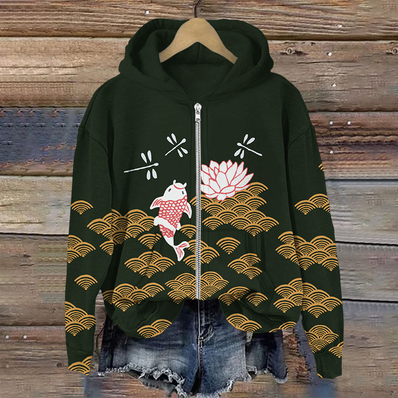 Japanese Style Koi Fish Dragonfly Wave Print Long Sleeve Zipper Hoodie - Dark Green - US28-30(4XL) - image 3