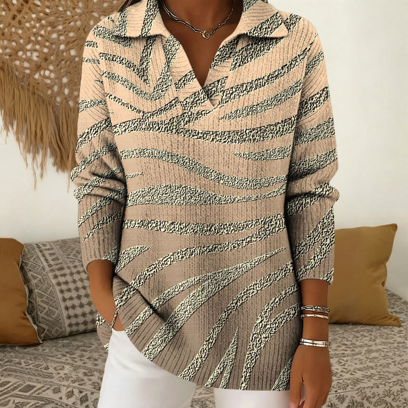 Zebra Print Polo Collar Long Sleeved Sweater - Khaki - 5XL - image 3