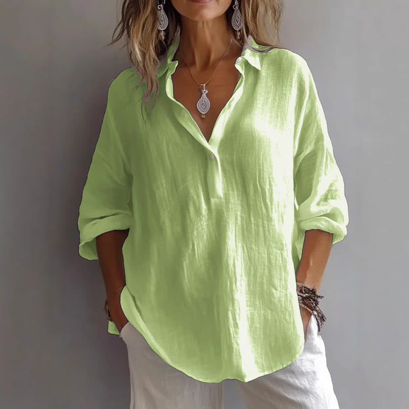 Solid Shirt Collar Half-placket Long Sleeve Blouse - Green - 2XL - image 3