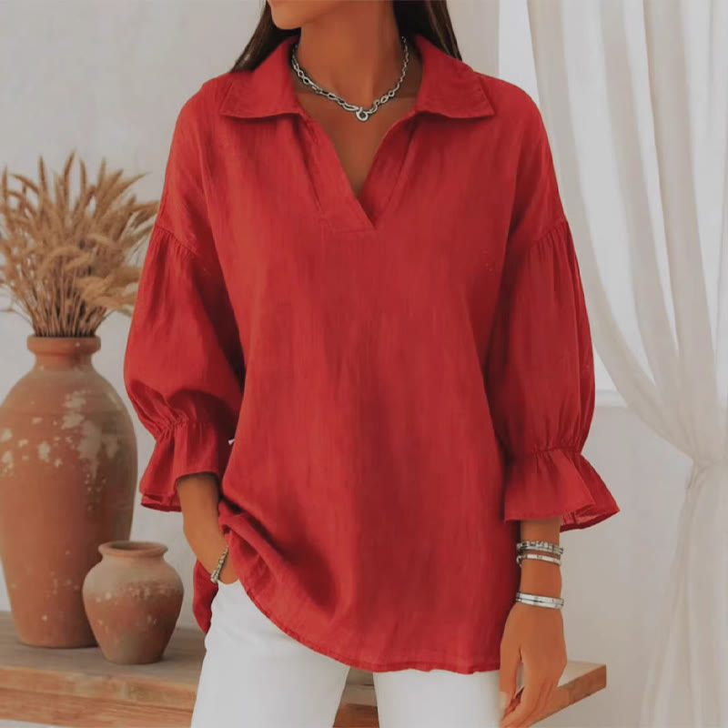 Elegant Solid Lapel 3/4 Lantern Sleeves Blouse - Red - 3XL - image 3