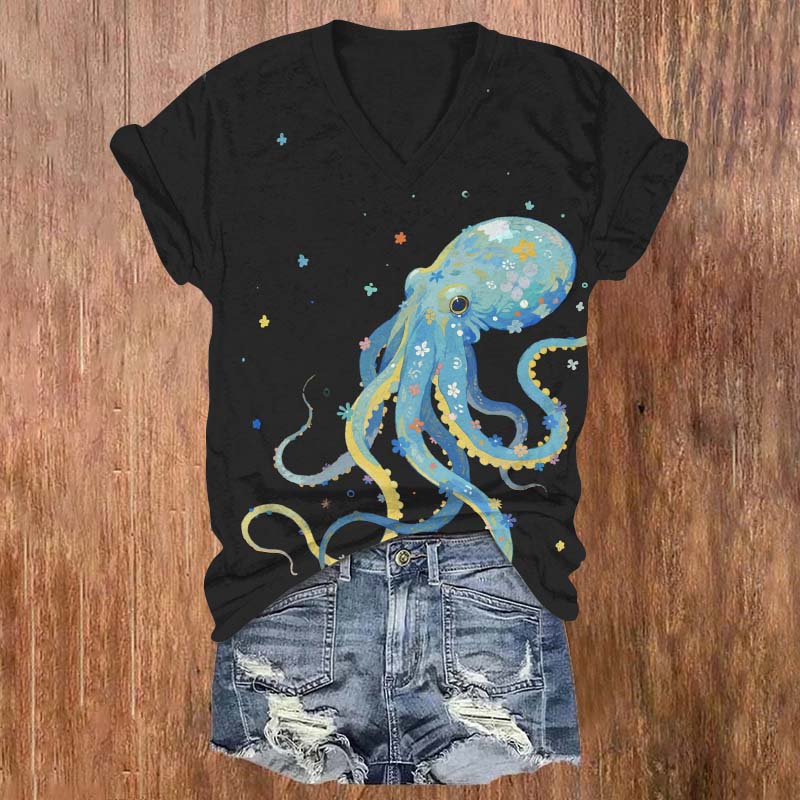 Lovely Floral Octopus Print V-neck T-shirt - Black - US32-34(5XL) - image 4