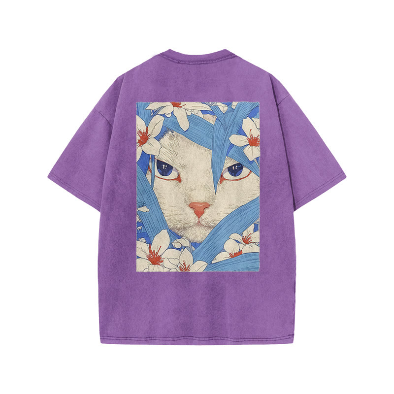Floral And Cat Art Patterns Print Acid Washed T-shirt - Purple - US20-22(3XL) - image 9