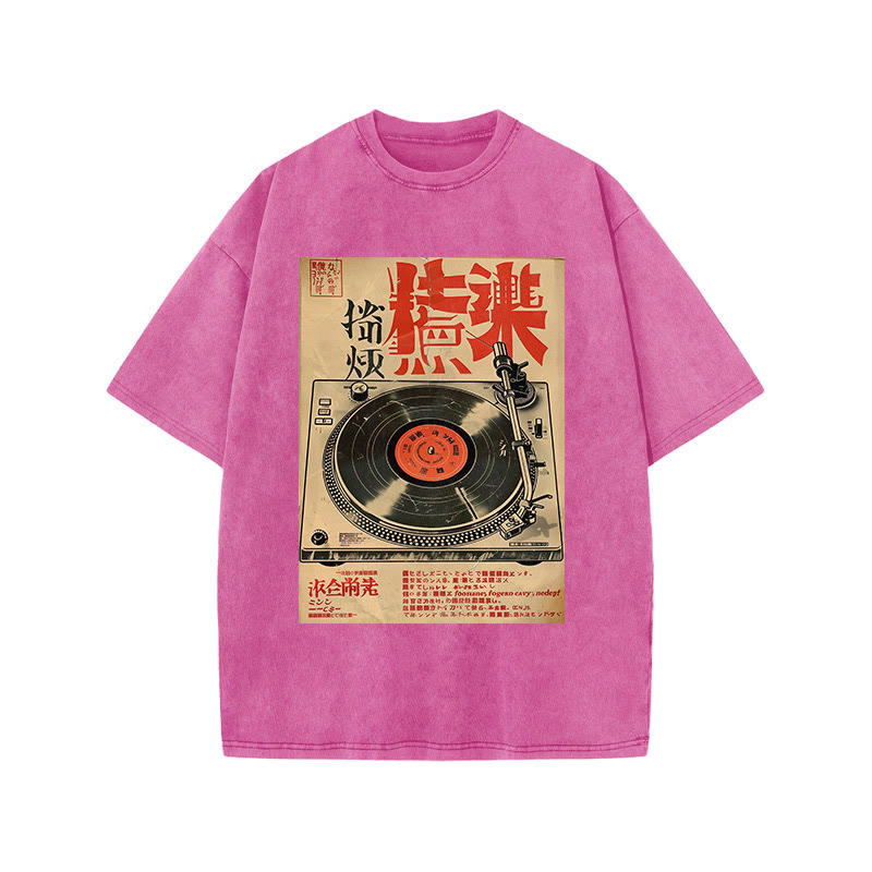 Japanese Turntable Pattern Print Acid Washed T-shirt - Pink - US20-22(3XL) - image 7