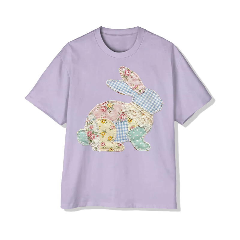 Trendy Pastoral Floral Bunny Patchwork Printed Cotton T-shirt - Purple - 2XL - image 6