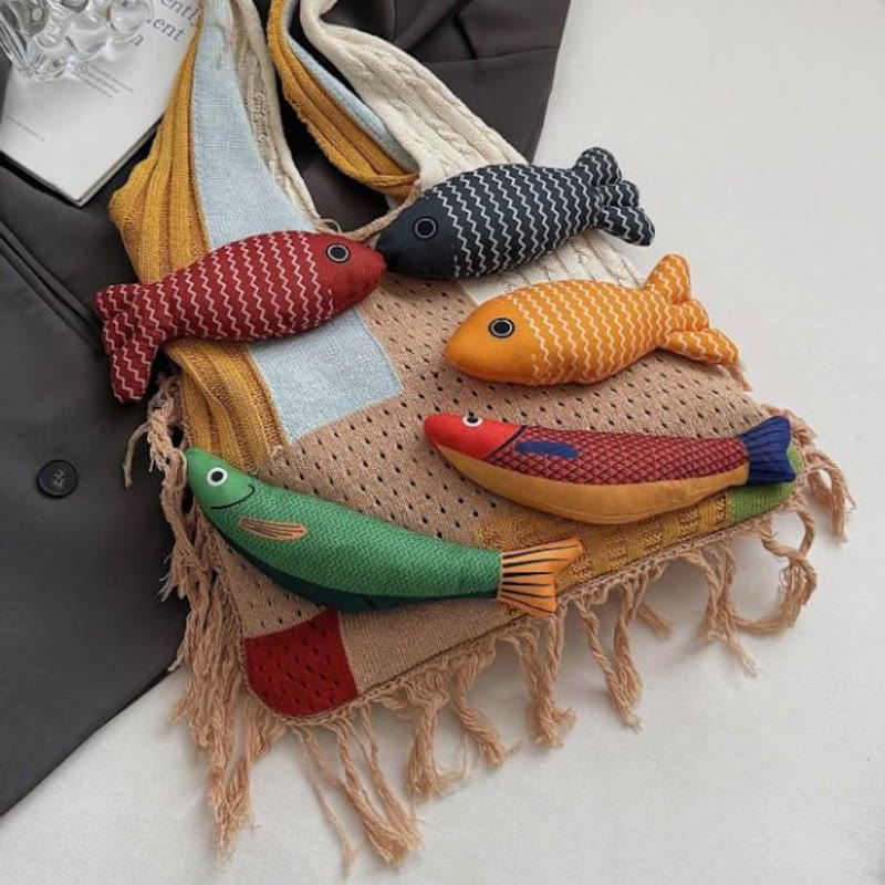 Boho Fish Charm Crochet Patchwork Knitted Beach Tote Bag - Khaki - 34*2*36cm - image 4