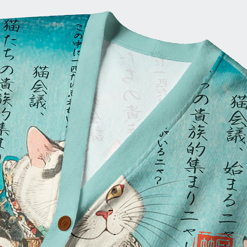 Japanese Ukiyo-E Cat Noble Pattern Long Sleeve Sweater Cardigan - image 3