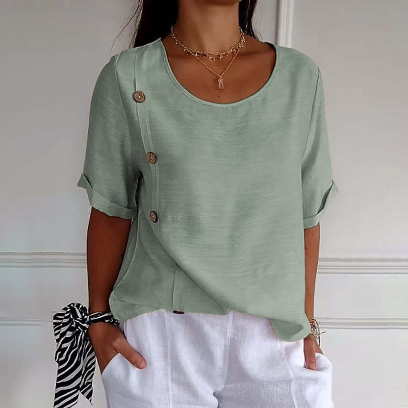 Elegant Solid Asymmetrical Buttons Half-sleeves Round-neck Blouse - Light Green - 5XL - image 5