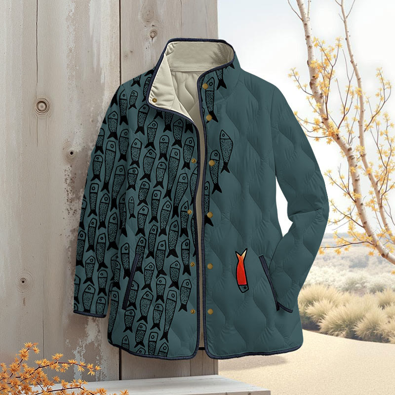 Cute Simple Lines Abstract Geometric Fish Art Print Outerwear Jackets - Navy Blue - 4XL - image 5