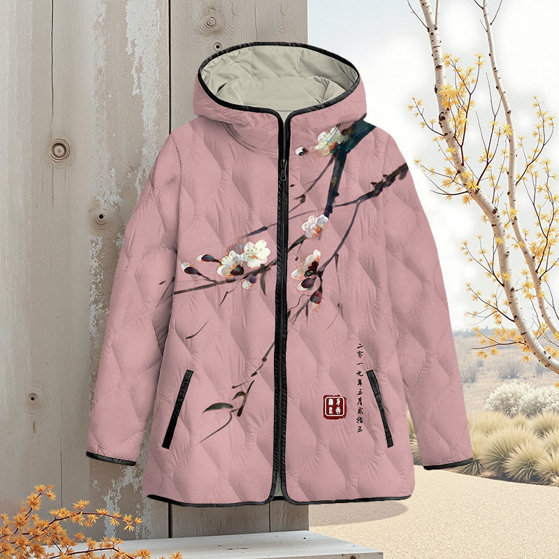 Vintage Plum Blossom Art Print Zipper Jackets - Pink - 4XL - image 4
