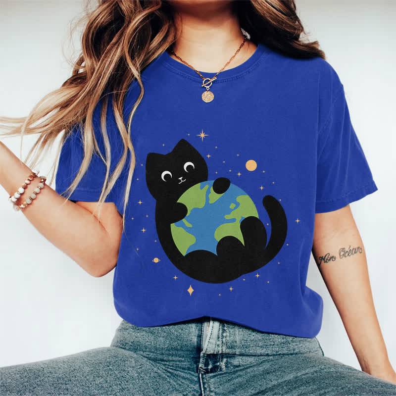 100% Cotton Funny Cat Holding The Earth Art Print T-shirt - Royal Blue - 2XL - image 8
