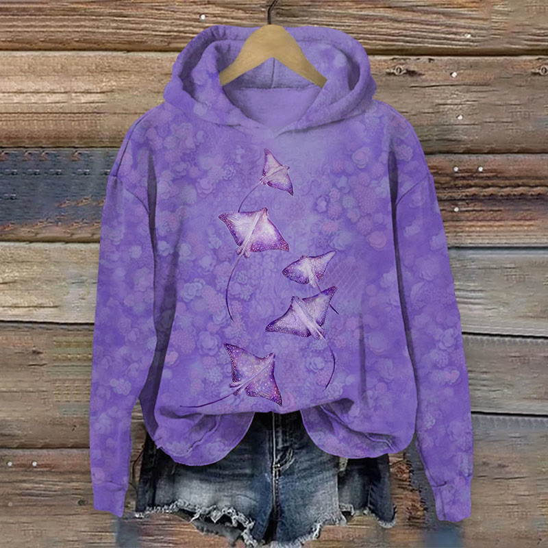 Art Manta Ray With Undersea flowers Print Long Sleeve Hoodie - Light Purple - US44-46(8XL) - image 3