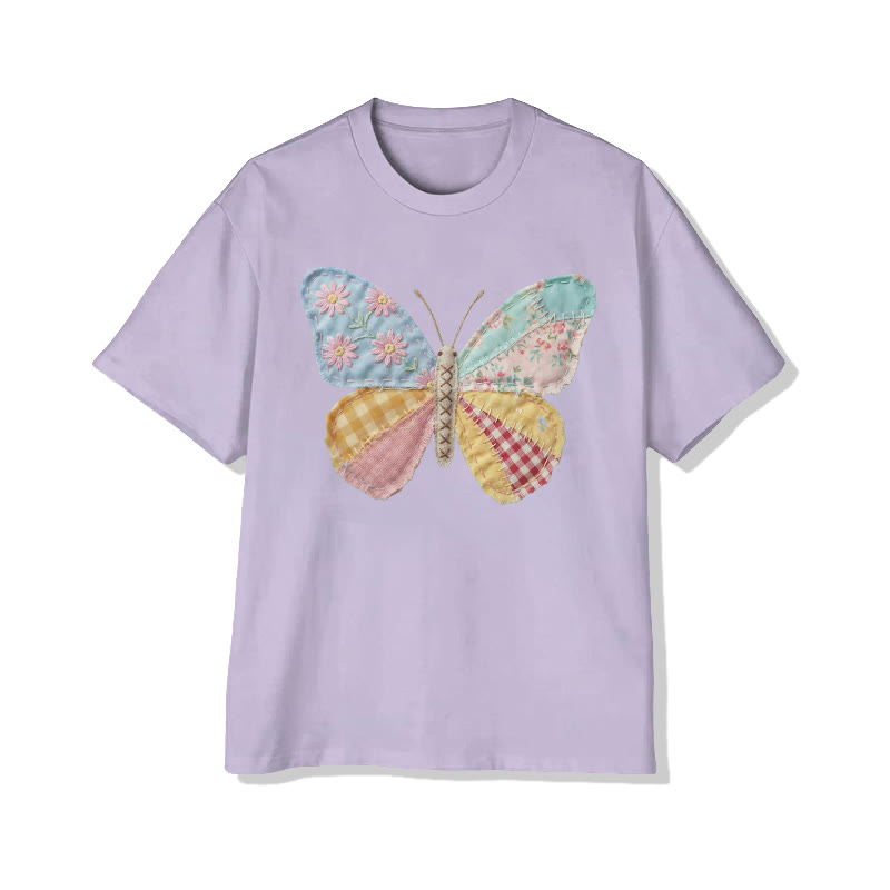 Pastoral Butterfly Floral Pattern Print Pattern Cotton Print T-shirt - Light Purple - US16-18(2XL) - image 14