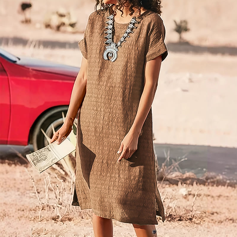 Elegant Solid Wrinkled Texture Round-neck Short-sleeve Slits Dress - Khaki - 3XL - image 10