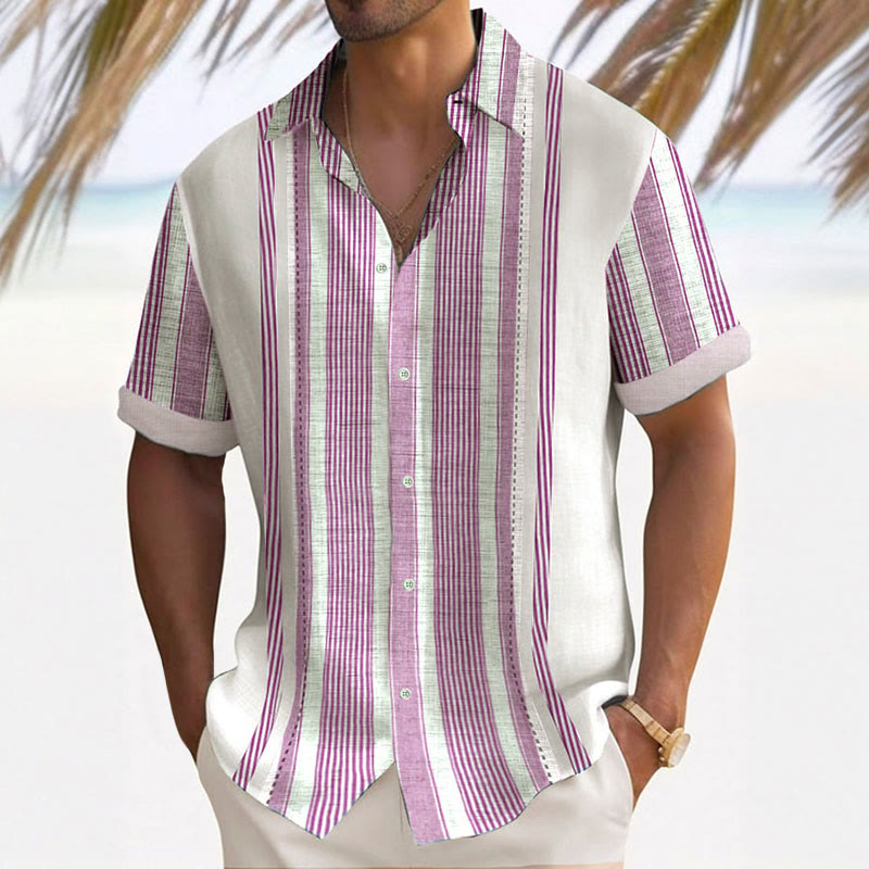 Men's Striped Design Printed Casual Resort Shirt - Pink - 5XL - image 3