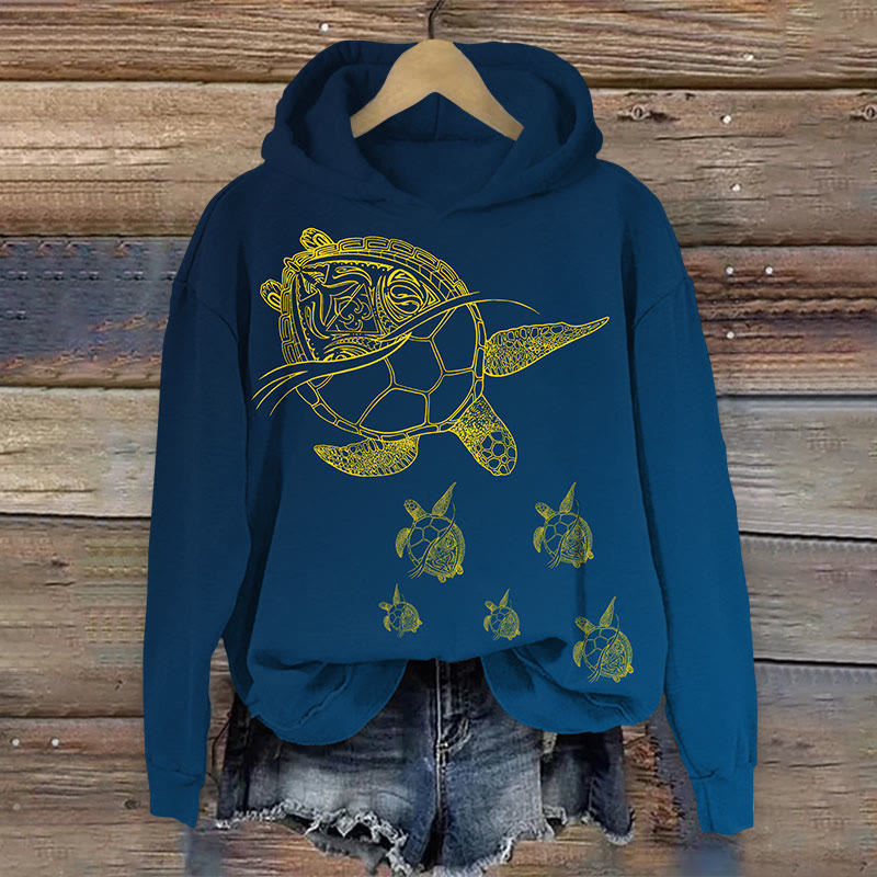 Gradient dye ocean turtle print Long Sleeve Hoodie - Navy Blue - US44-46(8XL) - image 3