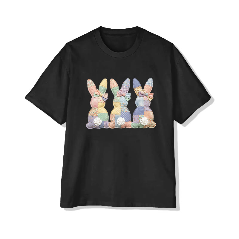 Easter Three Bunnies Garden Flowers Print Pattern Cotton Print T-shirt - Black - US16-18(2XL) - image 8