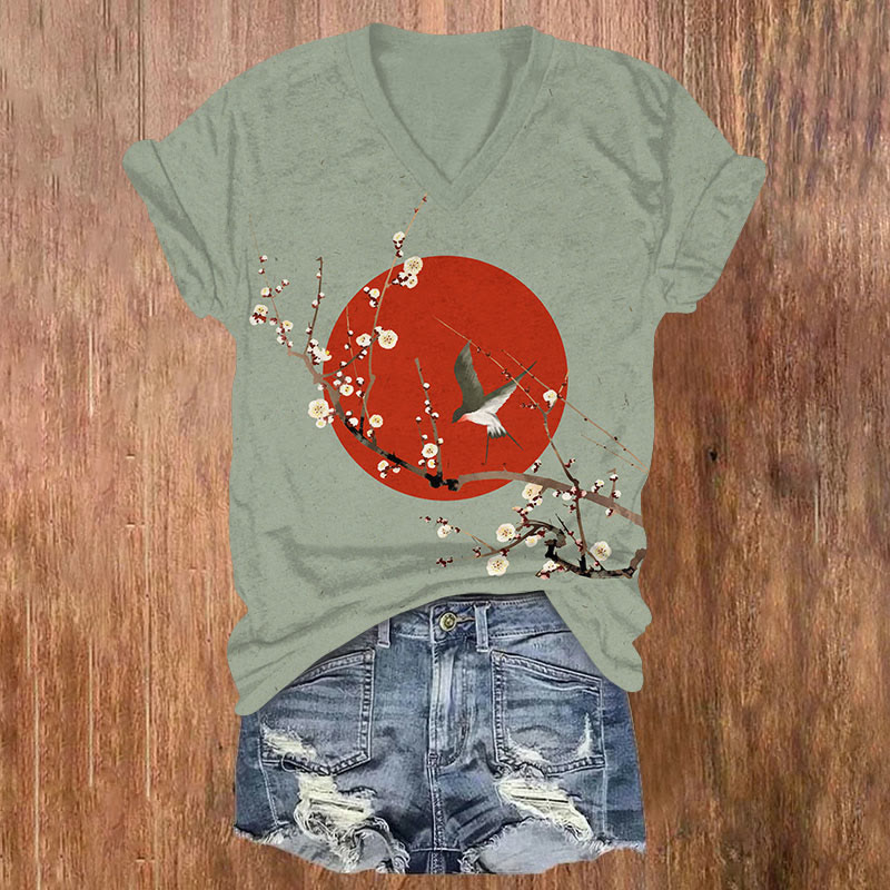  Japanese White Plum Blossoms And Sun Swallowtailprint V-neck T-shirt - Green - US32-34(5XL) - image 4