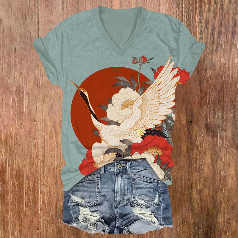 Japanese Vintage Crane Peony Flowers Print V-neck T-shirt - Light Green - US32-34(5XL) - image 3