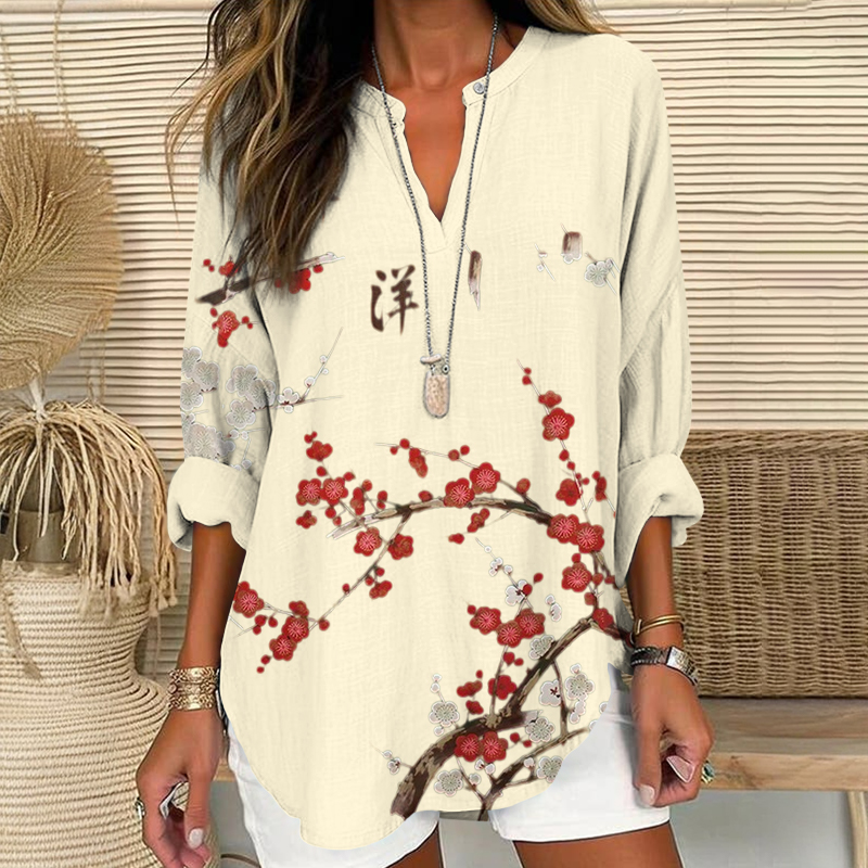 Retro Plum Blossom Art Print V Neck Long Sleeve Blouse - Beige - 8XL - image 1